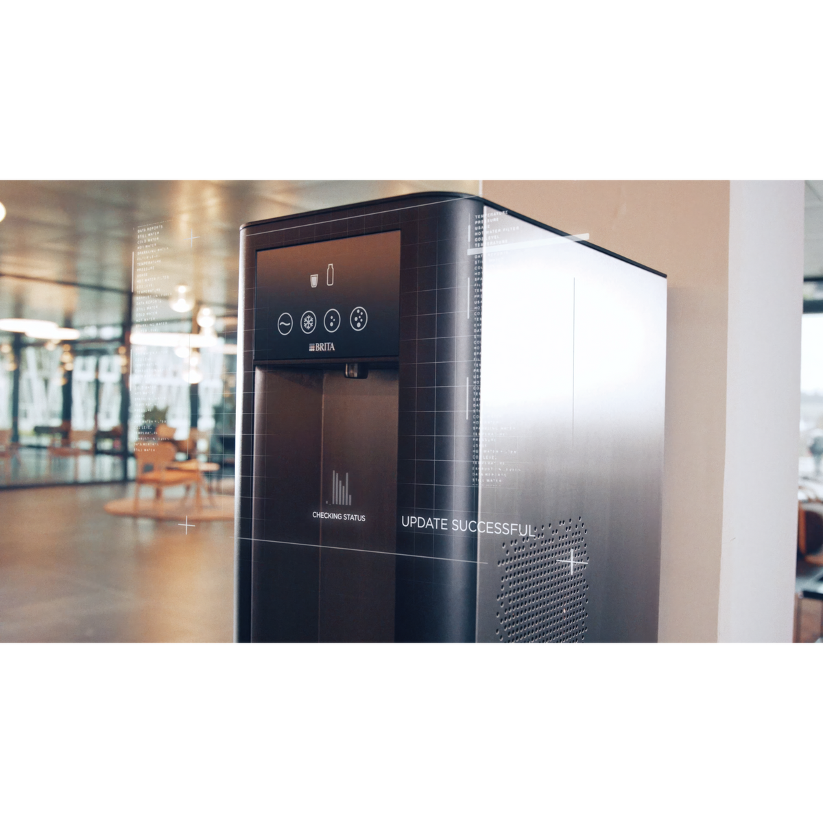 BRITA Top Pro water dispenser in an office environment with digital status and connectivity graphics overlaid, representing remote monitoring and system management.